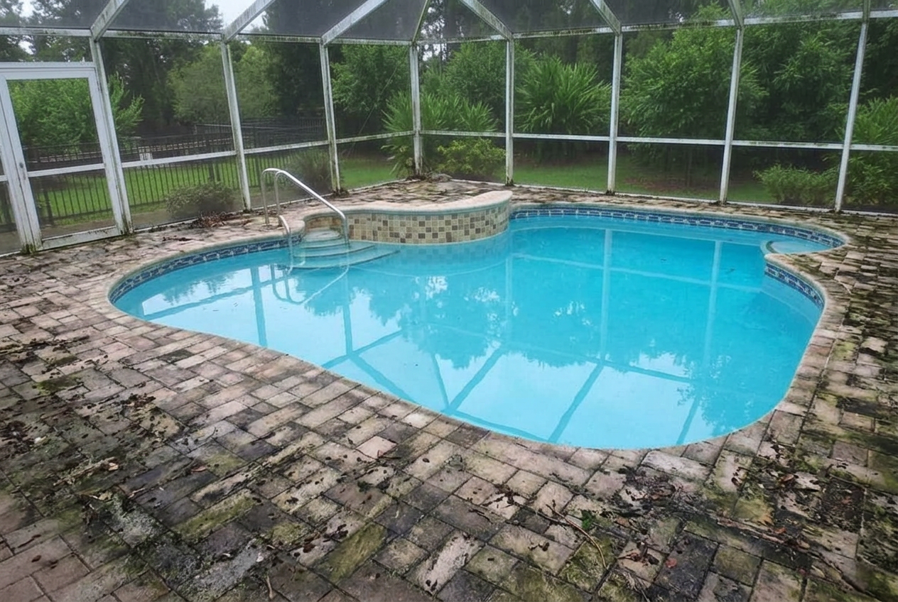Pool Deck & Cage before cleaning